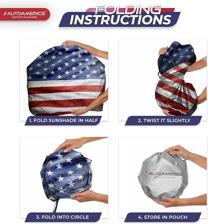 Autoamerics 1-Piece Windshield Sun Shade Grunge American Flag - 3 USA Design - Foldable Car Front Window Sunshade for Most Sedans SUV Truck - Blocks Max UV Rays and Keeps Your Vehicle Cool - Small