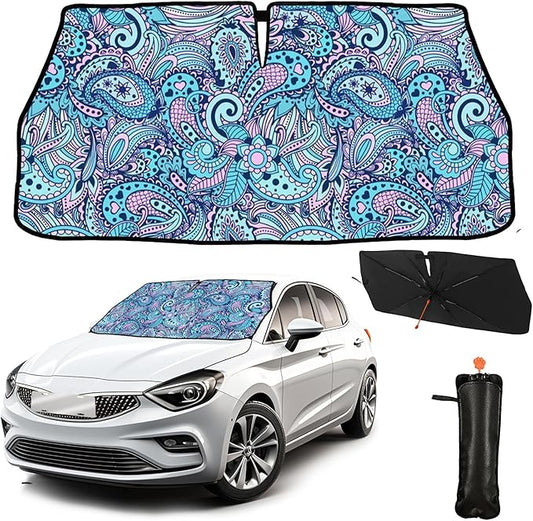 CHILL·TEK Funny Car Windshield Sun Shade Umbrella, 70s 80s Flower Car Sun Shade Umbrella, Block UV Rays Heat Foldable Windshield Umbrella Sun Visor Protector - Keep Vehicle Cool for Cars SUV