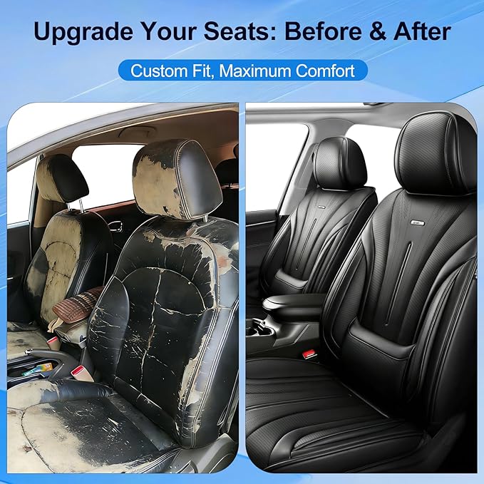Fit CX-5 Car Seat Covers (Front Pair) for Select Mazda CX5 2013-2024 2025 2026 - Premium Full Coverage Leather, Airbag Compatible, Waterproof & All Weather Seat Cushion Protector, Black