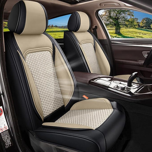 Car Seat Covers Front Seats for Toyota Corolla 2000-2019 - Cooling Ice Silk Leather Seat Cover - Ventilated 2 Seats Vehicle Seat Cushion Protector Automotive Accessories (Black&Beige)