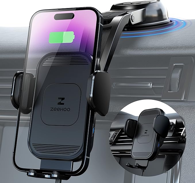 ZeeHoo Wireless Car Charger, 15w Fast Charging, Auto Clamping Car Phone Mount, Cell Phone Holder Charger, for iphone17 16 15 14 13 12 11 Pro Max Xs, Etc. (Black)