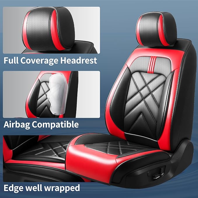 CX-90 Car Seat Covers Fit for Mazda CX-90 2007-2026, Full Coverage Premium Leather Waterproof Breathable Seat Covers, Automotive Seat Protectors, Airbag Compatible(2 Front Seats, Black & Red)