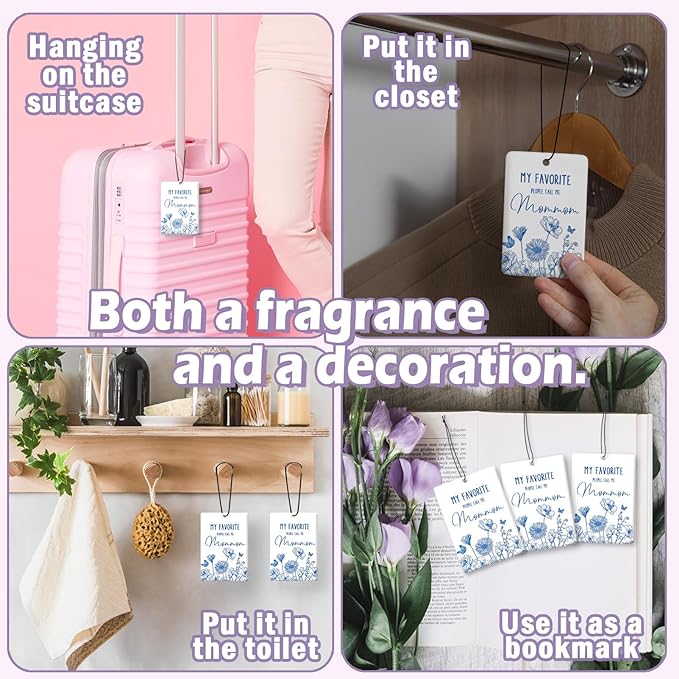 Mommom Grandma Gifts Car Air Freshener Accessories 3pcs,My Favorite People Call Me Gifts for Grandma Mom Christmas, Rustic Blue Flower Hanging Scent Fragrance Card for Women Closet Home Decor