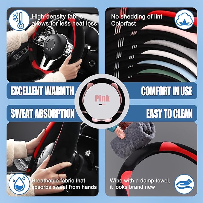 14 inch Furry Cute D Shaped Steering Wheel Cover, Soft Fluffy Short Plush Auto Accessories, Non-Slip Cold-Proof Sweat-Proof Colorfast(Black with Pink)