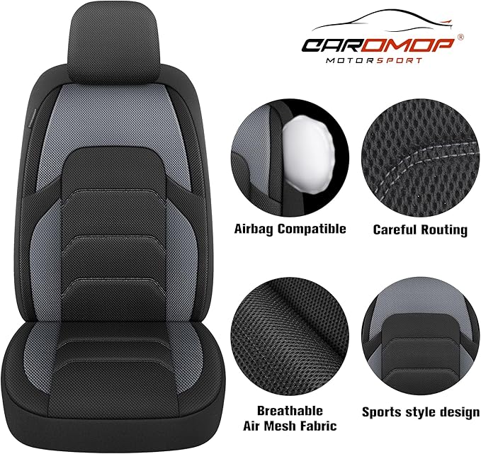 CAROMOP 3D Air Mesh Car Seat Covers 2 Front Seats,Breathable and Durable Seat Covers for Cars,Universal Fit for SUV,Vans,sedans, Trucks, Automotive Interior Covers(Black/Grey)