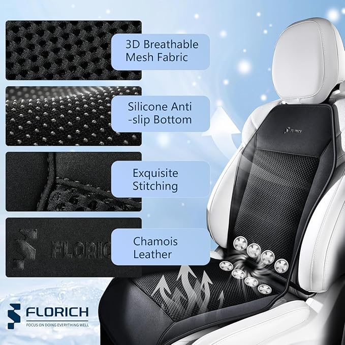 FLORICH Cooling Car Seat Covers with 8 Turbo Fans Car Seat Cooling Pad with Blowing & Suction 12V-24V Ventilated Seat Cover 3-Speed Adjustable Cooling Seat Cushion Universal Fit for Car SUV Truck Van