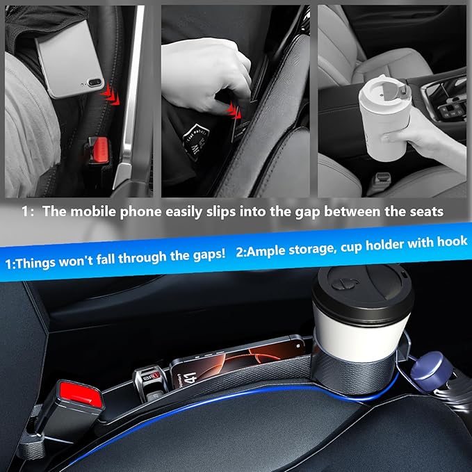 Seat gap filler Compatible with Toyota RAV4.Deeper Than Standard Retail Models(7.5cm)|Added Cup Holder (2 Fixed Points) + Hooks + Charging Cable Port |2pcs Black| Free Window Break Hammer 1pcs|