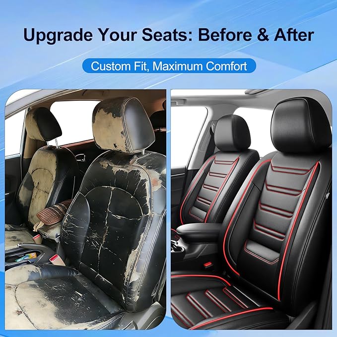 Fit Mazda 3 Car Seat Covers for Select Mazda 3 2010-2019 - Full Coverage Leather, Airbag Compatible, Waterproof & All Weather Seat Cushion Protector, Full Set, Black with Red Trim