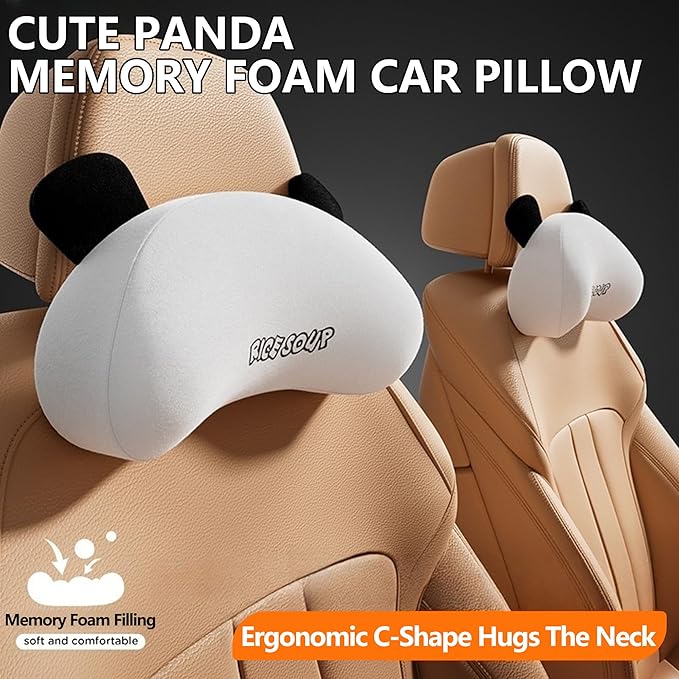 Cute Panda Car Neck Pillow & Lumbar Support Memory Foam Cushion for Driving Adjustable Headrest Waist Pillow for Most Seats (Black, Headrest)