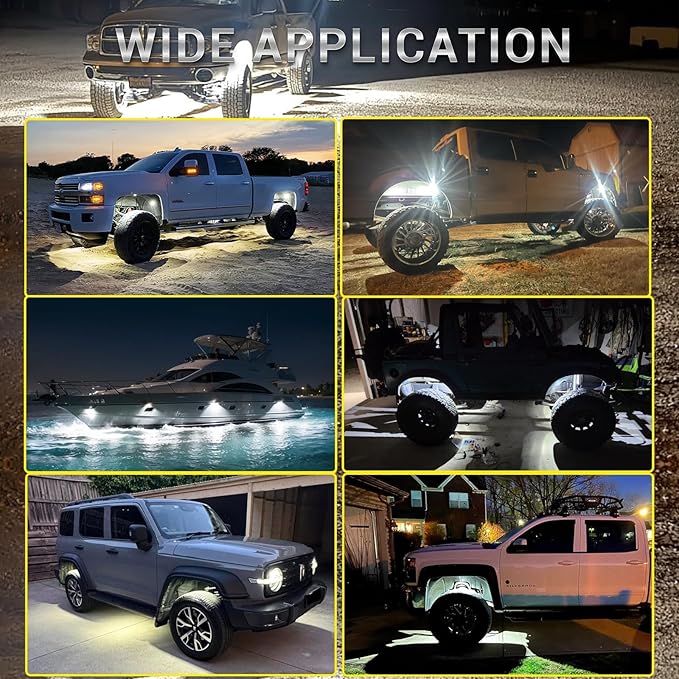 16 Pods Pure White LED Rock Lights with Extension Wires, IP67 Waterproof 6500K Super Bright White Underglow Kit for Semi Truck Sedans Trailer Offroad Pickup RV Underbody Under Car Lighting