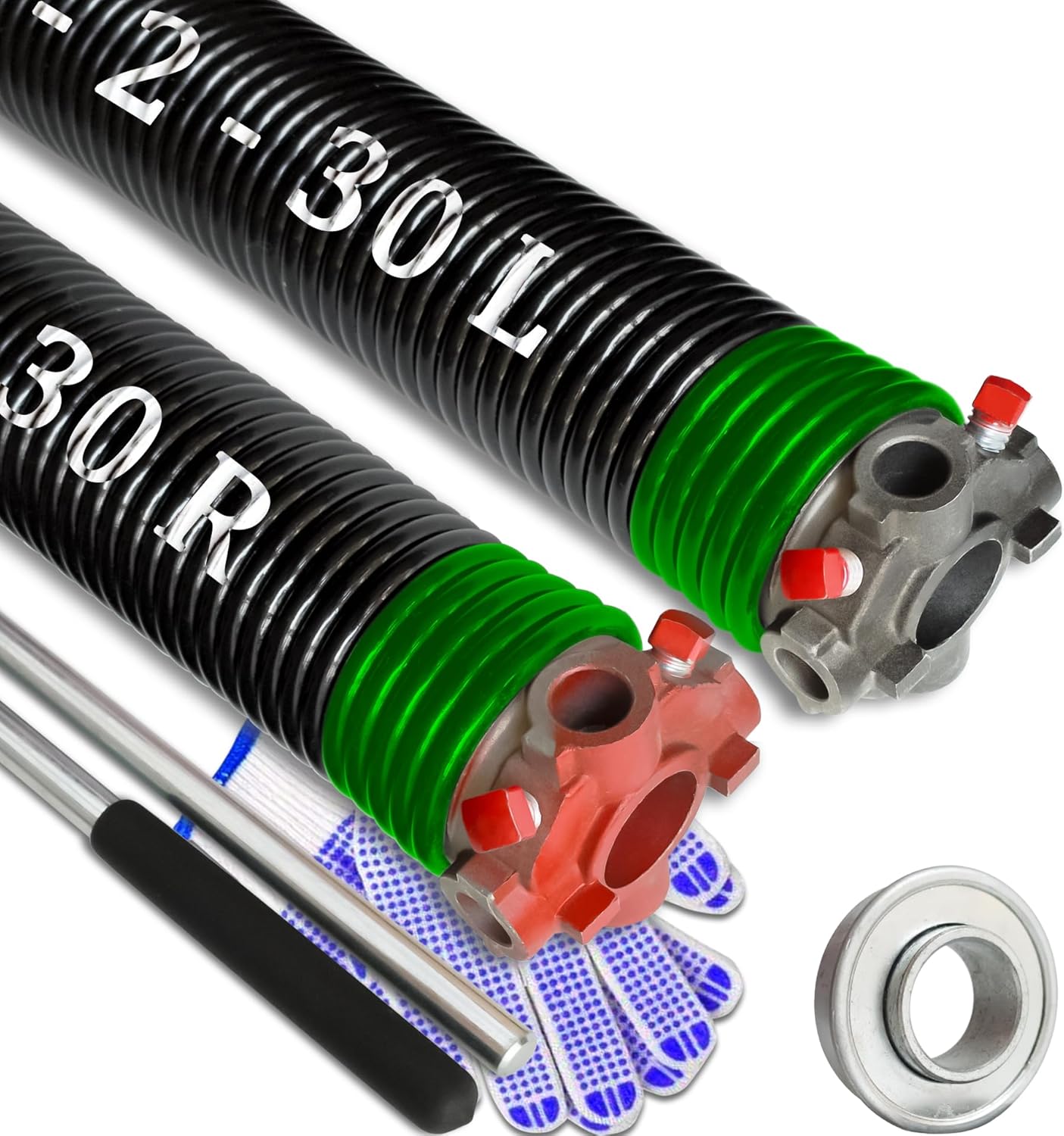 Garage Door Torsion Spring Set, Pair of 2" Electrophoresis Coated Garage Door Spring Replacement with 2 Non-Slip Winding Bars and Bearing, Minimum 16000 Cycles (.243x2x30")