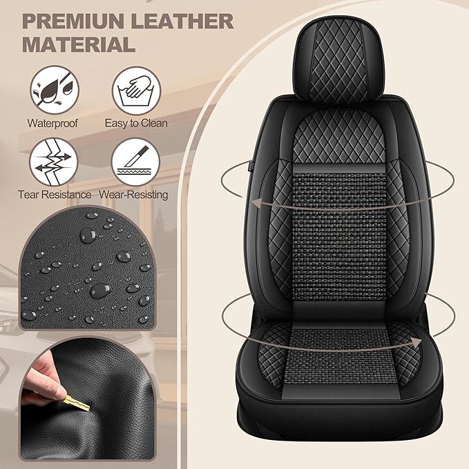 TTX LIGHTING for VW Atlas 2018-2026 Car Seat Covers, Breathable Ice Silk & Leather Seat Protector, Cool & Anti-Sweat for Long Driving, Airbag Compatible, 2 Front Seats (Black)