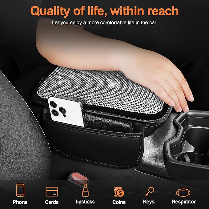Bling Car Center Console Cover Custom Fit for Jeep Renegade - Leather Armrest Cover with 2 Storage Pockets and Crystal Rhinestones(Black)