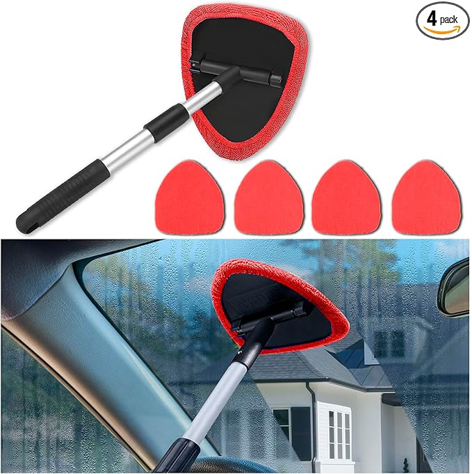 Windshield Cleaner Tool - Portable Car Interior Window Cleaning Kit with Extendable Handle, 4 Microfiber Towel Pads, Auto Glass Wiper for Windshield, Universal for RV, SUV, Truck (Red)