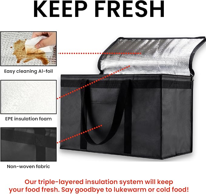 NZ home Insulated Bags for Food Delivery (2XL) Grocery Shopping Cooler Bag, Pizza Delivery, Hot & Cold Catering Tote, Reusable, Foldable & Heavy Duty (Gray)