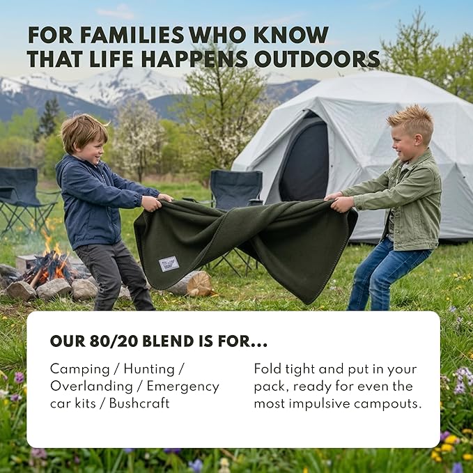 Woolly Mammoth 80% Merino Wool Camping Blanket 2-Pack - Naturally Fire-Resistant and Temperature-Regulating - for Cold Weather, Camping, Bushcraft and Emergency Car Kits (66" x 90", Lapis & Mulberry)
