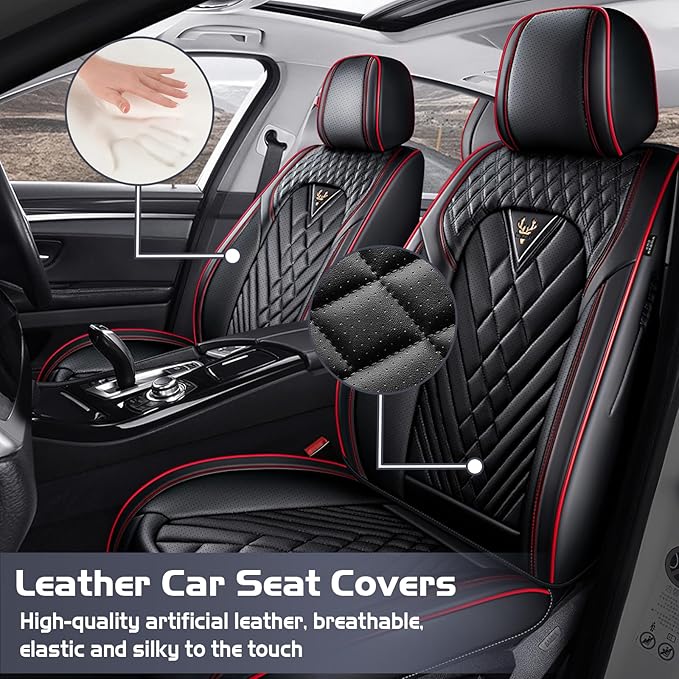 Truck Seat Covers for Ford Ranger 2019-2026, Waterproof Premium Leather Full Coverage Car Seat Cover, Muscle Sport Style Auto Interior Seat Cover Sets (Front Set/Black Red)