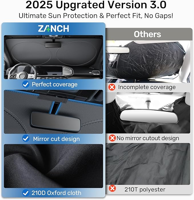 2025 Upgraded Zanch Car Front Windshield Sun Shade - Ultimate UV Protection & Heat Reduction|Innovative No Light Leakage Technology|Foldable Design for Jeep/Toyota, XSmall(60''x21'')