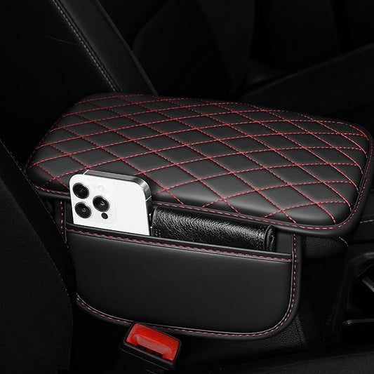 Center Console Cover Fit for Kia Forte 2010-2024 with 2 Storage Bags Waterproof Leather Quilted Pattern Car Armrest Cover Cushion Anti - Slip(Black&Red Line)