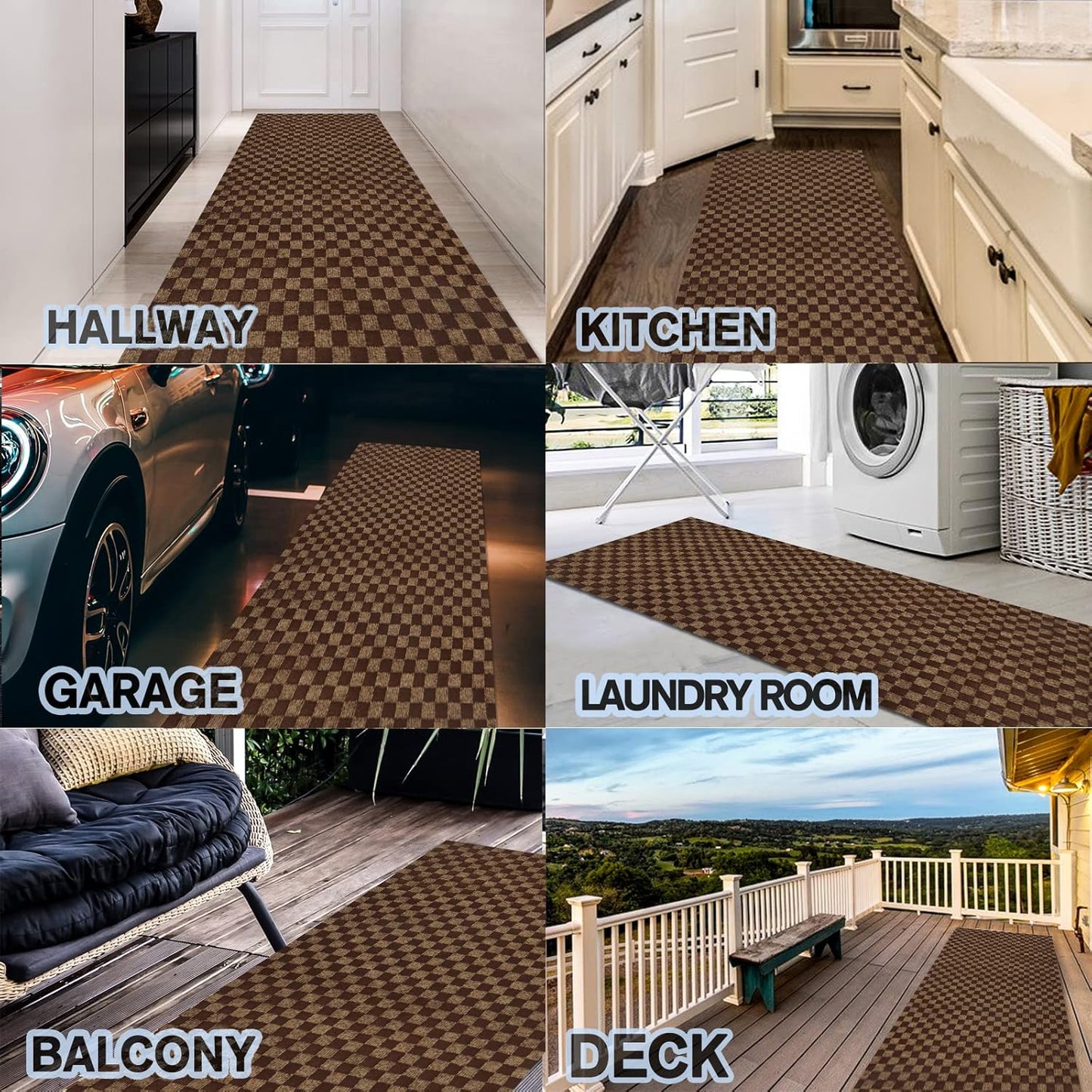 Custom Size Backed Non-Slip Area Rugs Runner, Easy Clean, Waterproof Runner Rugs for Hallway Entryway, Kitchen, Laundry, 4FT x 34FT, Brown Checkered