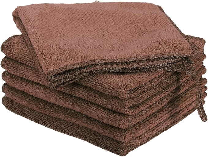 HARFINGTON 6 Pack Microfiber Cleaning Cloth, 8" x 8" Multi-Functional Cleaning Towels Reusable Absorbent Rags with Hook for Car Wash Kitchen Household Window Clean, Brown