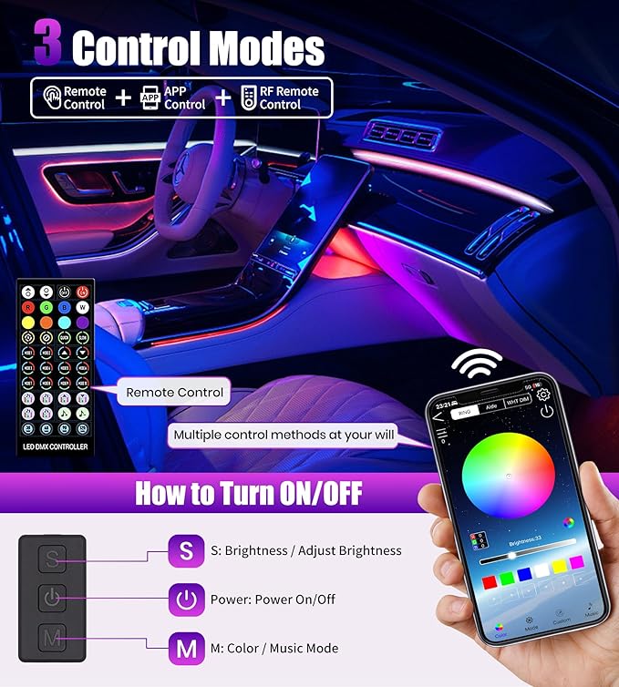 KENANEK 55.12inch Acrylic LED Lights for Car–6 Dreamcolor Interior Car LED Strip Light+2 Footwell Lights,3 Control Methods, Music Sync, Dual USB Cigarette Lighter, Universal Fit for Car/SUV/Truck