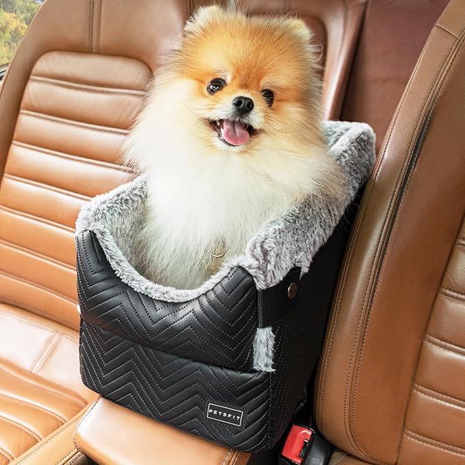 PETSFIT Center Console Dog Car Seat with Safe Protection Hooks, Pet Car Seat with Upgraded Safety Tethers, Washable Cushion, Console Dog Car Seats for Small Dogs Up to 8 Lbs(Black)