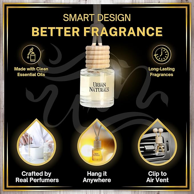 Urban Naturals Car Air Freshener Smoky Bourbon Scent Diffuser, Long Lasting Car Fresheners Made in USA, Odor Eliminating Technology, Hanging Auto Accessories + Vent Clip (3 Pack)