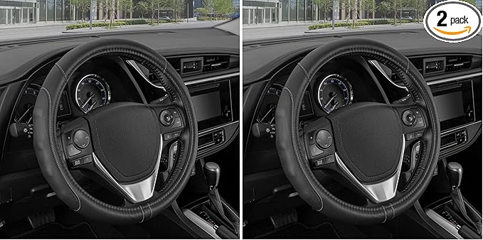 Motor Trend GripDrive Faux Black Leather Steering Wheel Cover for Car Truck Van SUV, Small 14 inch Size, Gray Accent Stitched Car Steering Wheel Cover Vehicle & Auto Accessories (Pack of 2)
