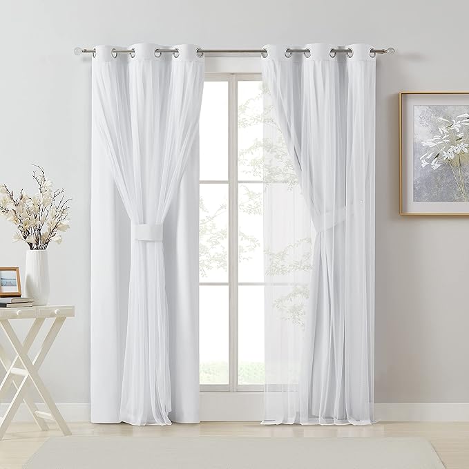 Bujasso White Full Blackout Curtain Panels with Sheer Overlay Mix and Match Double Layer Thermal Insulated Window Treatment Set for Living Room White Drapes with Tiebacks Grommet Top 54" Wx63 Lx2