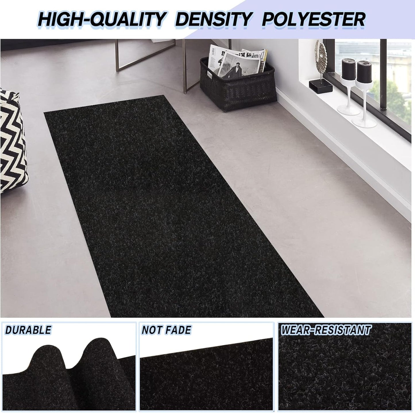 Custom Size Backed Non-Slip Area Rugs Runner, Easy Clean, Waterproof Runner Rugs for Hallway Entryway, Kitchen, Laundry, 4FT x 59FT, Black