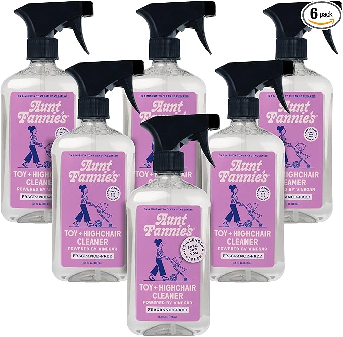 Aunt Fannie's Toy and Highchair Cleaner, Hypoallergenic, Multi-Purpose Spray Powered by Vinegar for Toys, High Chairs, Car Seats, Swings, Counters, and Other Hard Surfaces Fragrance Free, Pack of 6