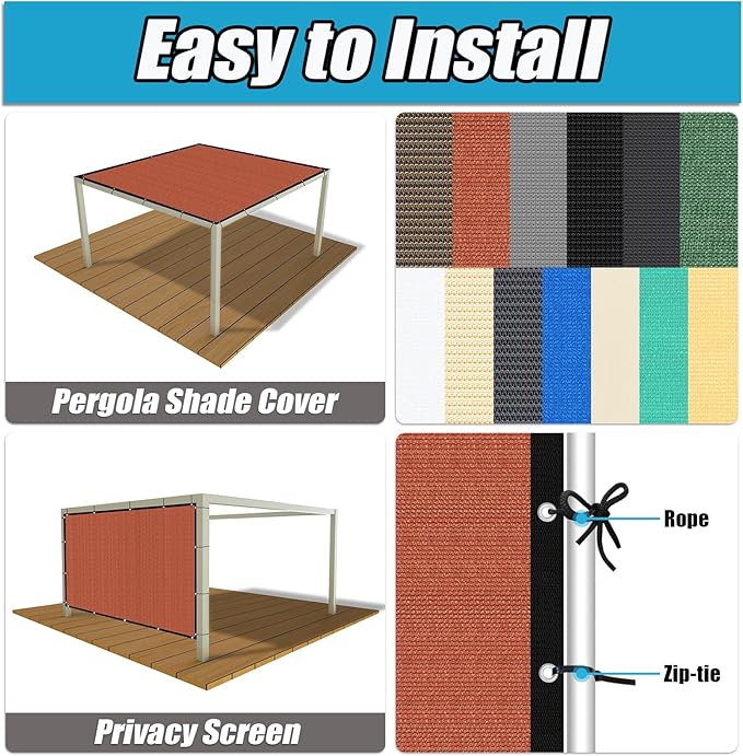 Amagenix 90% Pergola Shade Cover 14' X 14' Sun Shade Cloth with Grommets for Outdoor Garden Patio Porch, Commercial Grade 200 GSM - Cable Zip Ties Included (We Customized) GN108, Rust Red