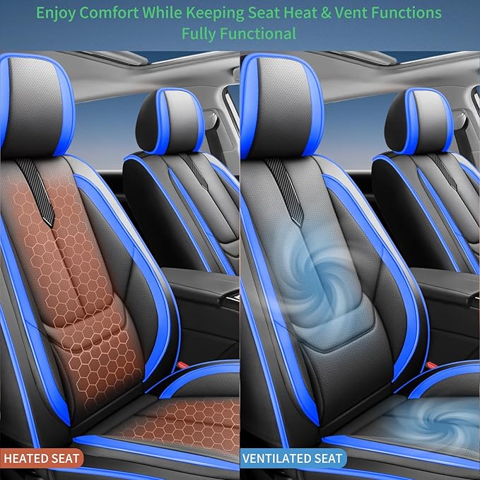 Fit Prius Car Seat Covers for Toyota Prius 2001-2024 2025 2026 -Upgraded Premium Waterproof & Breathable Leather,Airbag Compatible,All-Weather Seat Cushion Protector,Full Set,Black-Blue