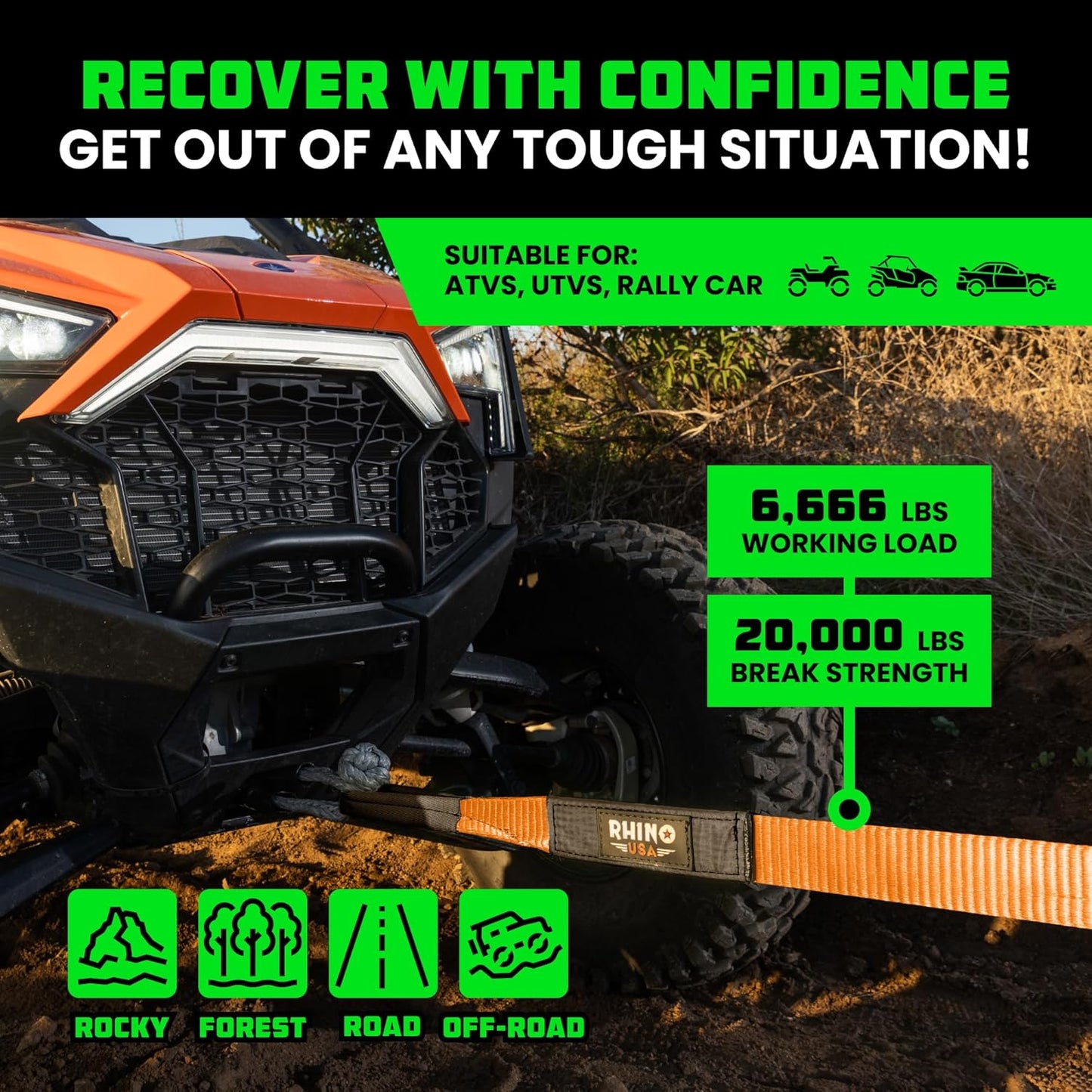 Rhino USA Recovery Tow Strap (2"x20')-20,024lb Break Strength- Emergency Recovery Strap Tow Rope for UTV, ATV & More-Heavy Duty Towing Strap for Offroad 4x4 Use-Compatible with RZR and Can-Am (Orange)