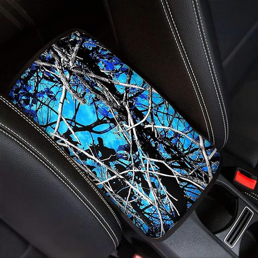 JEOCODY Blue Camo Hunting Car Armrest Pad Soft Center Console Arm Rest Mat Cover Universal Fit Soft Comfort Center Console Armrest Cushion for Car Interior Accessories Decoration