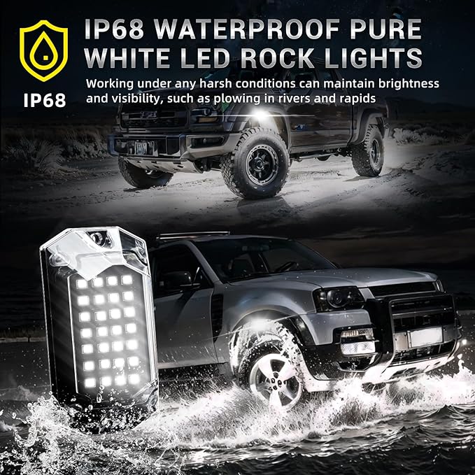 6 Pods Full Angle Pure White LED Rock Lights for Golf Cart ATV UTV RZR Trucks Offroad Pickup RV SUV, 6500K Super Bright Waterproof White Underglow Kit with Switch Wiring Harness Extension Wires