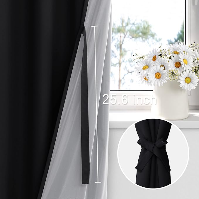 XWZO 100% Blackout Curtains 95 Inches Long with Tiebacks- Privacy Protection & Noise Blocking Window Draperies Grommet Top with Black Liner for Bedroom/Living Room, Black, W52 x L95, Set of 2