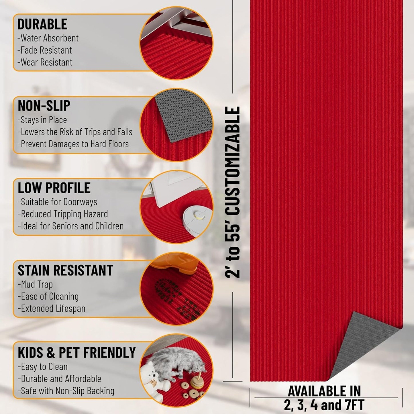 Ottomanson 2' x 19' Hallway Runner with Scraper Pile - Extra Durable Non-Slip Rug Mat for Indoor & Outdoor Use - Ideal for Kitchen, Entryway, Patio & Garage - High-Traffic Carpet, Red