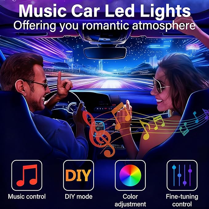 Car Led Lights Interior, Interior Car Lights with USB Adapter, 5V LED Strip Light with Smart APP Remote Control, Sync Music, Color Change Cars Light for Inside, Cars Accessories for Women Men