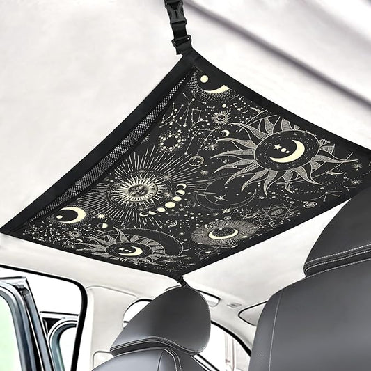 Planet Car Ceiling Cargo Net Pocket Hanging Storage Bag with Zipper 31.5"x21.6" Double-Layer Mesh Car Roof Storage Organizer Long Road Trip Truck SUV Travel Camping