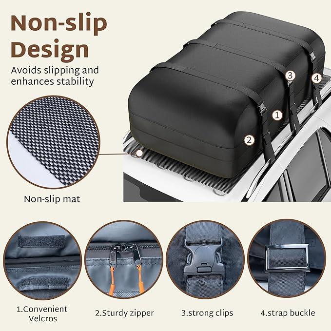 iBirdie Roof Rack Cargo Carrier 25.5 Cubic Feet, XL Soft-Shell Rooftop Cargo Box, Waterproof Heavy Duty 1200D for Car with/Without Roof Rack, Includes Anti-Slip Mat, Door Hooks, 60x37x20 inches