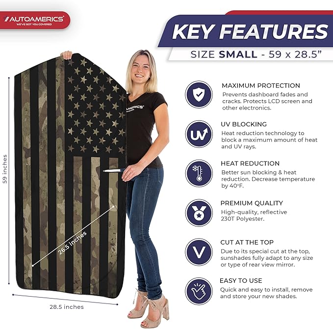 Autoamerics 1-Piece Windshield Sun Shade Dark Camo American Flag USA Design - Foldable Car Front Window Sunshade for Most Sedans SUV Truck - Blocks Max UV Rays and Keeps Your Vehicle Cool - Small