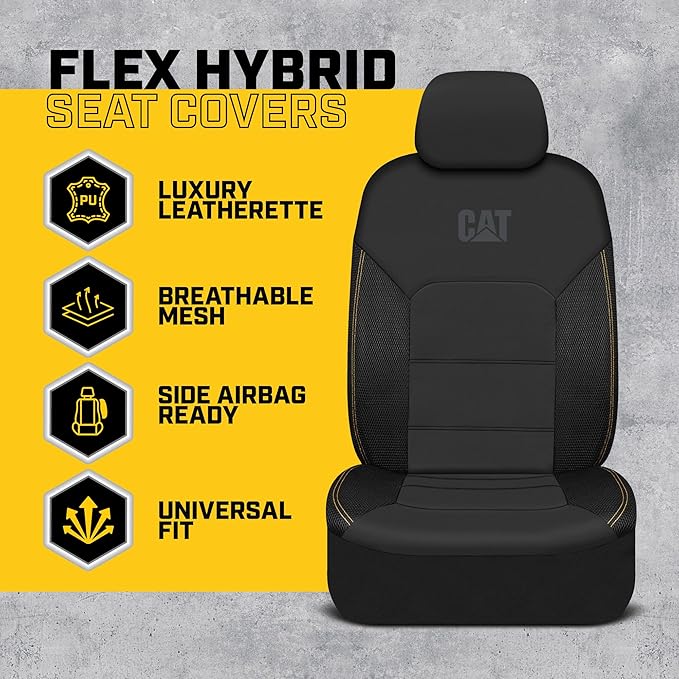CAT PU Leather Car Seat Covers Full Set – Front Bucket Seats + 60/40 Split Rear Bench – Black Waterproof Automotive Seat Covers, Scratch-Resistant, Universal Fit for Cars, Trucks, SUVs, Easy Install