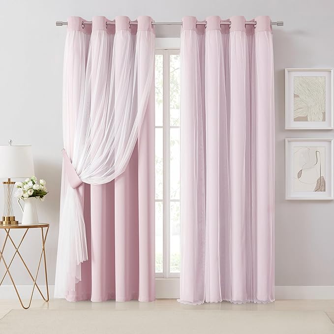 Bujasso Pink Blackout Curtains with Sheer Overlay Mix and Match Double Layer 80% Room Darkening Window Treatment Set for Girls Bedroom Living Room Pink Drapes with Tiebacks Grommet Top 54" Wx95 Lx2