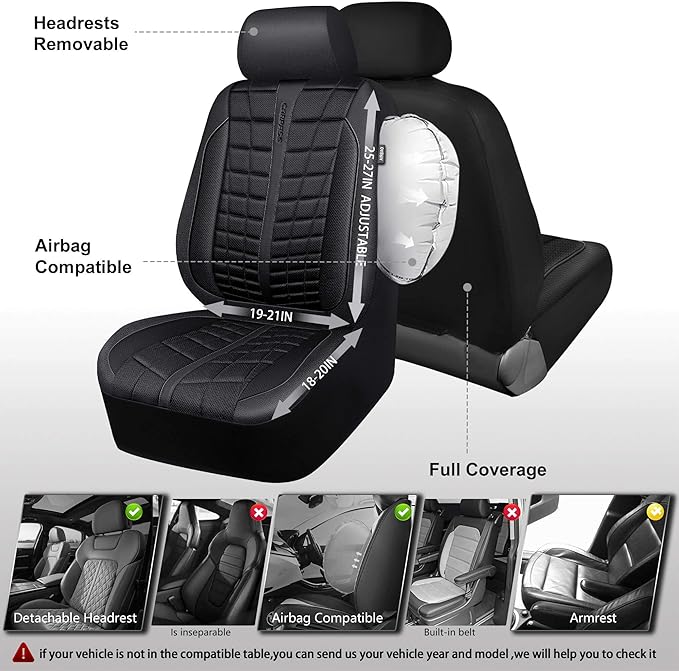 CAR PASS 3D Air Mesh Seat Covers for Car, Leather Car Seat Cover Front Seats, Breathable Foam Premium Leather Mesh Front Seat Covers Universal Fit for Cars Sedans Trucks Vans SUVs, All Black