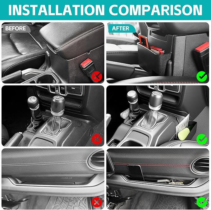3PCS Center Console Organizer Combo Kit Compatible with 2024-2026 Jeep Wangler JL JLU 4xe Rubicon Sahara & Gladiator JT Accessories, Hanging Storage Box & Grab Bar Tray & Gear Shift Side Tray