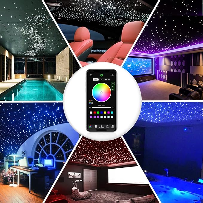 16W Twinkle Starlight Headliner Kit, 400pcs of (0.03+0.04+0.06in)*9.8ft Fiber Optic Strands Bluetooth APP/Remote/Music Control, RGBW Star Ceiling Light Kit+Adapter+Car Use Plug for Car