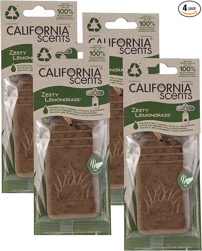 California Scents Hanging 3D Paper: Natural, Environmentally Friendly Car Freshener with Recycled Materials and Strong Odor Eliminator for Automotive Air Freshening (Zesty Lemongrass, 4 Packs)