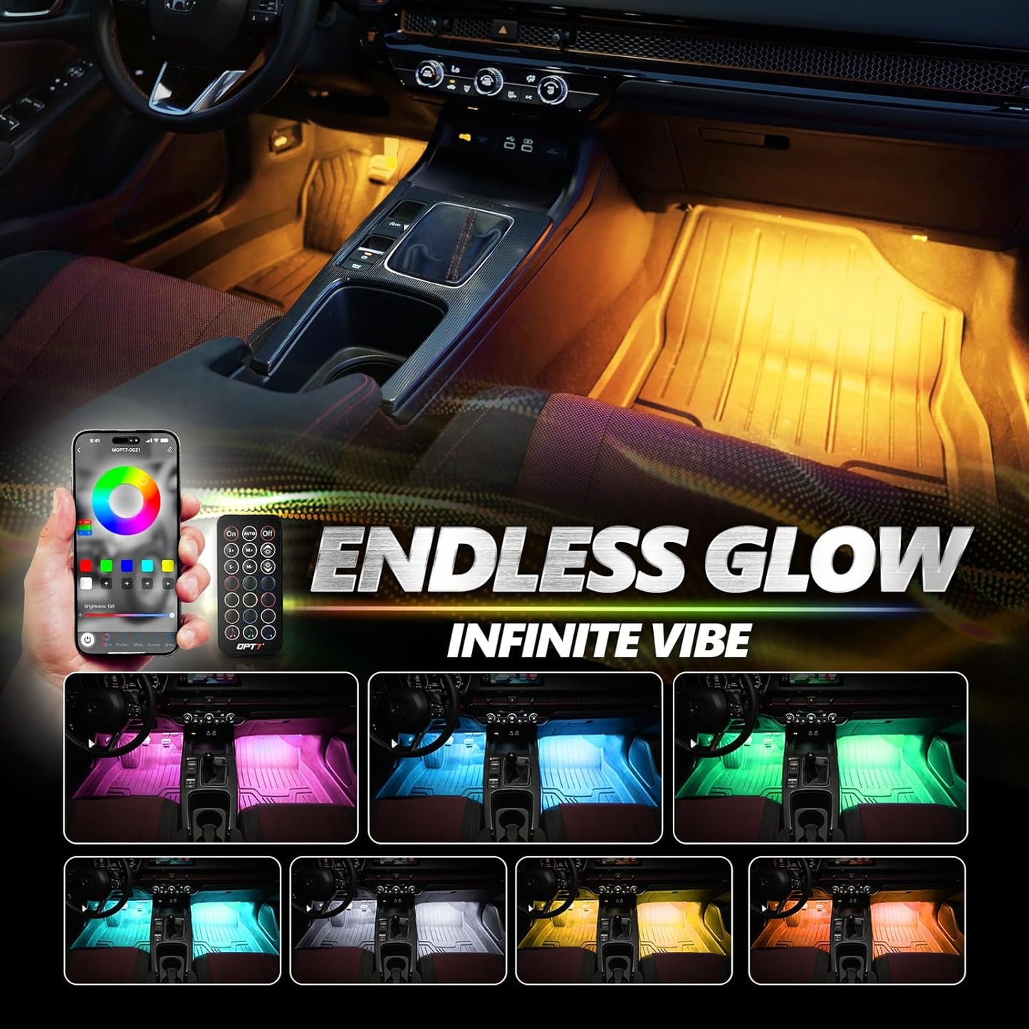 OPT7 Aura Pro Interior Car Lights with App & Remote Control, RGB Color Change, Music Sync Inside Ambient Lighting Kit, Car SUV Van Under Dash Decor, 12V Charger Adapter, 4PC Single Row LED Strip